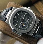 (PF Factory) Swiss Replica Patek Philippe Watch Leather Strap Patek Philippe Nautilus Moonphase Watch Patek Philippe Leather Strap Black Dial Black Leather Strap